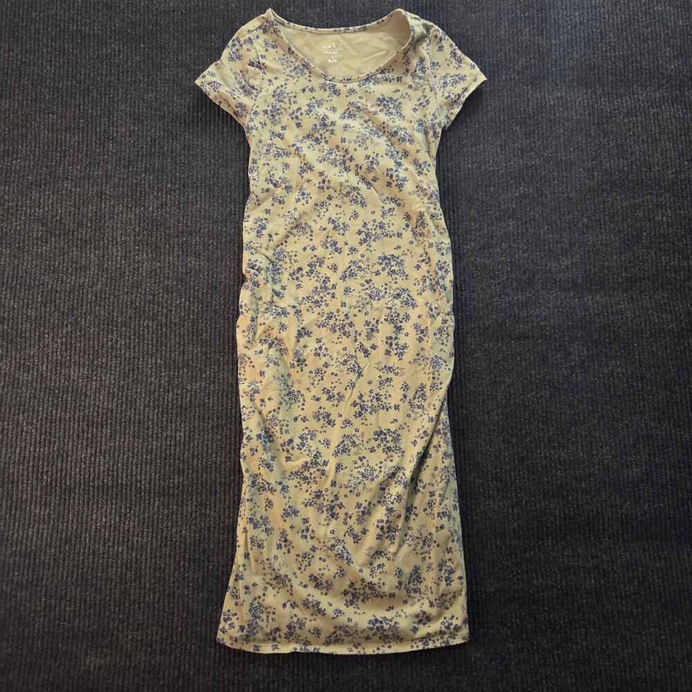 Sage Green Navy Floral Maternity Midi Dress Sz Small Cotton Blend Stretchy